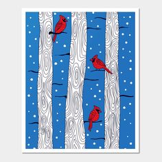 two red birds are perched on the branches of trees in winter with snowflakes