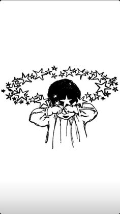 a black and white drawing of a person with stars on their head, covering his eyes