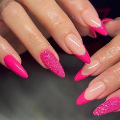 French Tip Press on Nails Almond Glue on Nails Medium Length Hot Pink Nails Press on False Nails with Designs Nude Artificial Nails for Women,Glitter Fake Nails with Nail Glue in 12 Sizes-24 Nail Kit Amazon Finds Barbie Nails Nails With Glitter, Hot Pink Nails, Pink Nail, Nailed It, Nail Arts, Artificial Nails