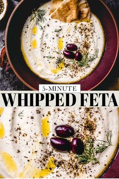 two bowls filled with whipped feta and olives