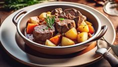 a bowl filled with meat, potatoes and carrots