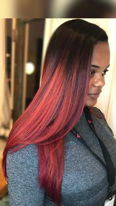 Red hair balayage 
 • Red ombré 
 • Black girl red hair 
 • Red hair inspiration 
 • Silk press
 • Sew in 
 • Tape ins 
 • Microlinks 
 • Bundles Ombre Hair Black Women, Red Hair Dark Roots, Red Hair Balayage, Red Weave Hairstyles, Highlights Red, Long Weaves, Red Hair Inspiration, Black Red Hair, Skunk Stripe