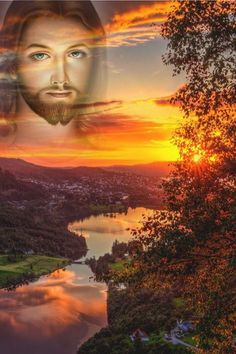 the face of jesus is shown in front of a sunset over a lake and mountains