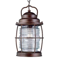 a light hanging from the ceiling with an open cage around it's neck and two lights on each side