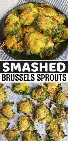 broccoli brussel sprouts in a skillet with the words smashed brussel sprouts