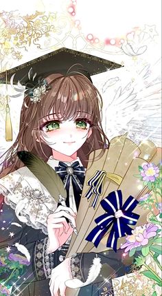 an anime character with long brown hair and green eyes holding a fan in her hand