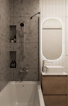 a bathroom with a sink, mirror and bathtub in it's corner area