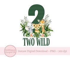 two wild animals and flowers with the number 2 on it's front, surrounded by greenery