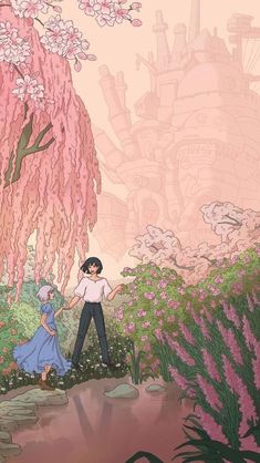 an image of a man and woman walking in the woods with flowers on them,