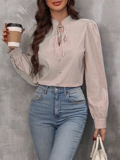 Women's Striped Tie Collar Long Sleeve Elegant Office Blouse, Spring Autumn Brown Casual  Long Sleeve Fabric Plain,Striped,Plants Shirt Non-Stretch  Women Clothing, size features are:Bust: ,Length: ,Sleeve Length: Puff Sleeve Shirt, Cardigan Crop, Plain Shirt, Striped Tie, Work Clothes, Inspiration Mode, Tie Neck, Sheer Fabrics, Striped Long Sleeve