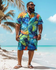 This Hawaiian Shirt Shorts Set is suitable for all kinds of casual occasions, such as vacations, beach parties, summer picnics and so on. You can pair it with a pair of sandals or sneakers for a trendy look. Whether you are on vacation or in daily life, this set will bring you a comfortable and stylish wearing experience. Casual suit: Casual men's short-sleeved shirt suit focuses more on comfort and leisure. It usually consists of a light, short-sleeved shirt worn with jeans or slacks. This set Multicolor Hawaiian Shorts For Beach Season, Blue Tropical Shorts For Summer, Casual Summer Shorts For Beach Party, Blue Hawaiian Shorts For Vacation, Hawaiian Style Vacation Shorts, Blue Hawaiian Vacation Shorts, Blue Shorts For Beach Party In Summer, Hawaiian Style Swimwear For Summer Outings, Multicolor Shorts For Summer Outings