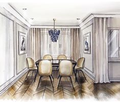 a drawing of a dining room table and chairs in front of a chandelier