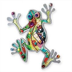 a metal frog with multicolored designs on it's body