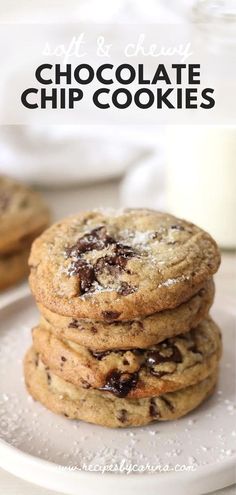 chocolate chip cookies stacked on top of each other