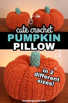 crochet pumpkin pillows on a wooden desk Crochet Pumpkins Free Pattern, Easy Crochet Pumpkin, Cute Crochet Pillows, Crochet Pumpkin Pillow Free Pattern, Cozy Crochet, Pumpkin Patterns Free Printable, Crochet Fall Pillow Free Pattern, Pumpkin Crochet Pattern Free, Crochet Pumpkins Free Pattern Easy