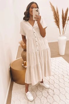 Little Paradise Midi Dress Beige Linen Dress Outfit Summer, Ghana Outfits, Mission Fits, Wonder Wardrobe, Dressing Modestly, Surfergirl Style, Cute Church Outfits, Inspirational Outfits, Teacher Fits