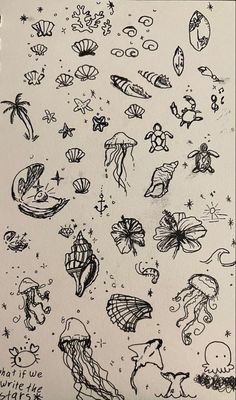 an ink drawing of different sea creatures