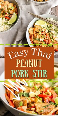 easy thai peanut pork stir with rice and vegetables on the side, in a white bowl