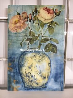 a painting of flowers in a vase on a window sill with the words serenddring house l c