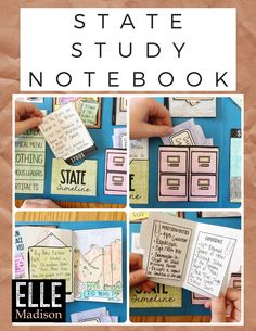 the state study notebook is shown in four different pictures, including one with notes on it