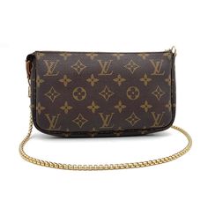 Preowned Louis Vuitton Pochette Accessoires - Code : Vi1001 (2001) - Clutch In Monogram Canvas And Natural Leather. In Fair Condition. The Leather Is Caramel Color With Several Marks Of Use And Some Cracks. This Is Why The Clutch Is Rated In Fair Condition. No Issue To Use The Clutch But It Is More Fragile. The Brass Shows Also. Some Marks Of Oxidation And Use. The Canvas Is In Good Condition. The Zipper Works Perfectly Well. The Inside Is Clean But Note Light Marks Of Use. Smoke Free Environmen Pochette Louis Vuitton, Lv Pochette, Louis Vuitton Pochette, Caramel Color, Monogram Canvas, Natural Leather, Metal Chain, Louis Vuitton Bag, Bags Handbags