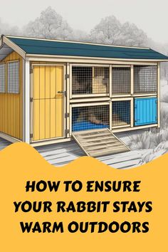 a chicken coop with the words how to ensure your rabbit stays warm outdoors on it