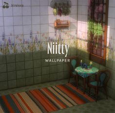 a small table and chairs in a room with tiles on the walls, floor and wallpaper