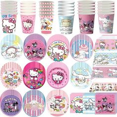 hello kitty birthday party supplies including plates, cups and napkins