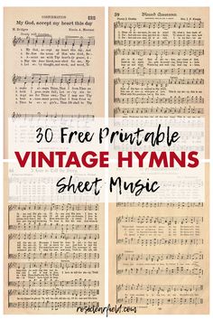 sheet music with the words 30 free printable vintage hyms sheet music on it