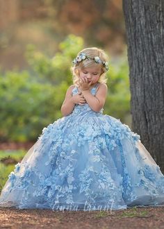 Dresses With 3d Flowers, Princess Dresses Kids Ball Gowns, Blue Flower Girl, Princess Flower Girl Dresses, Flowers Birthday, Girls Pageant Dresses