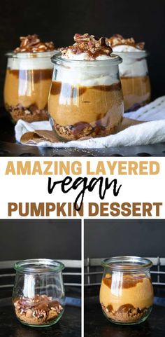 pumpkin dessert in glass jars with whipped cream and pecans