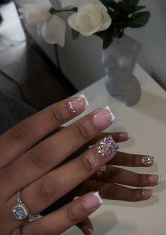 Short Square Acrylic Nails Diamonds, Birthday Nails Pisces Short, Short White French Tip Nails With Gems, Libra Nails Design Short, Short White Acrylic Nails With Diamonds, Short Jeweled Nails, Short Rhinestone Nails, Short Bling Acrylic Nails, Short Bling Nails