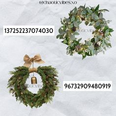 two christmas wreaths with bows and bells on them are shown in three different font styles