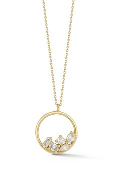 Five mixed diamonds in pronged settings cozily nestle in the circle pendant on this chain necklace that brings subtle sparkle to your neckline. 18" length; 2" extender; 1/2" diameter pendant Total diamond weight: 0.28ct. Color: G–H Clarity: SI 14k gold/diamond Imported >Diamond Guide Diamond Pendants Designs Unique, Pendant Designs, Dana Rebecca Designs, Diamond Guide, The Circle, Diamond Pendant Necklace, Pendant Design