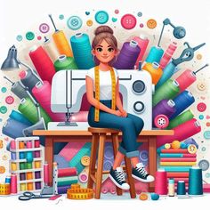 a woman is sitting at a sewing machine surrounded by colorful thread and spools