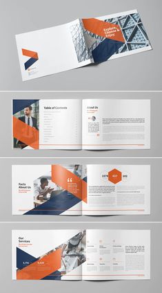 an orange and blue brochure is shown in three different sections, with the same color