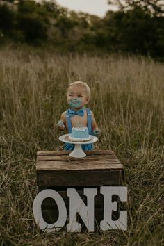 a baby doll sitting on top of a wooden box in the middle of a field