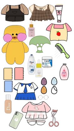 paper doll clothes and accessories are arranged on a white background