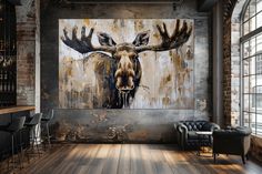 a painting of a moose is hanging on the wall in an industrial style bar area