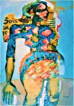 an abstract painting of a woman in blue and orange clothing with her hands on her hips