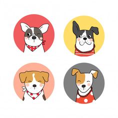 four dogs with different collars are shown in three separate circle shapes, one is brown and white the other is red