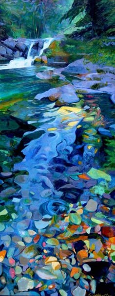 an oil painting of a river with rocks and water