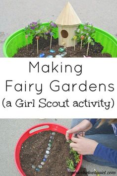 making fairy gardens in a girl scout activity is easy and fun for the little ones