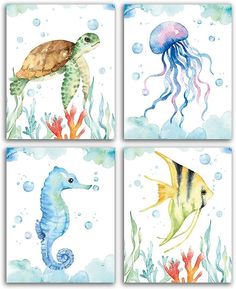 four watercolor paintings of sea animals and jellyfish