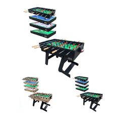 an assortment of foosball tables in various positions