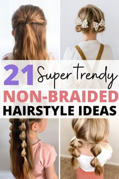 We tried one of these no braid hairsyles this morning before school and my daughter loved her hair! Thank you for this list! Long Hair Girl Hairstyles, Fun Girl Hairstyles Daughters, Third Grade Hairstyles, Kid Long Hair Styles Daughters, Easy Hairstyles For Kids To Do, Girls Hair Ideas For School, Girls Hairdos For School, Picture Hairstyles For Kids, Cute Girls Hairstyles For School