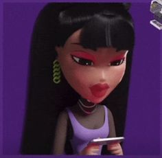 an animated character holding a cell phone in front of a purple background with the caption's name on it