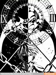 an anime character with long hair in black and white, standing next to a clock