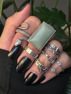 Silver plated set. see second image for all adjustable rings  Ring sizes  8 adj green adventurine  10 snake  8.5 7.5 6 6 7.5 9 6 Grunge Rings, Stacking Ring Set, Snake Ring, Ring Sizes, Stacking Ring, Stacking Rings, Plate Sets, Stackable Rings, Adjustable Rings