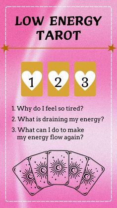 a pink poster with the words low energy tarot on it